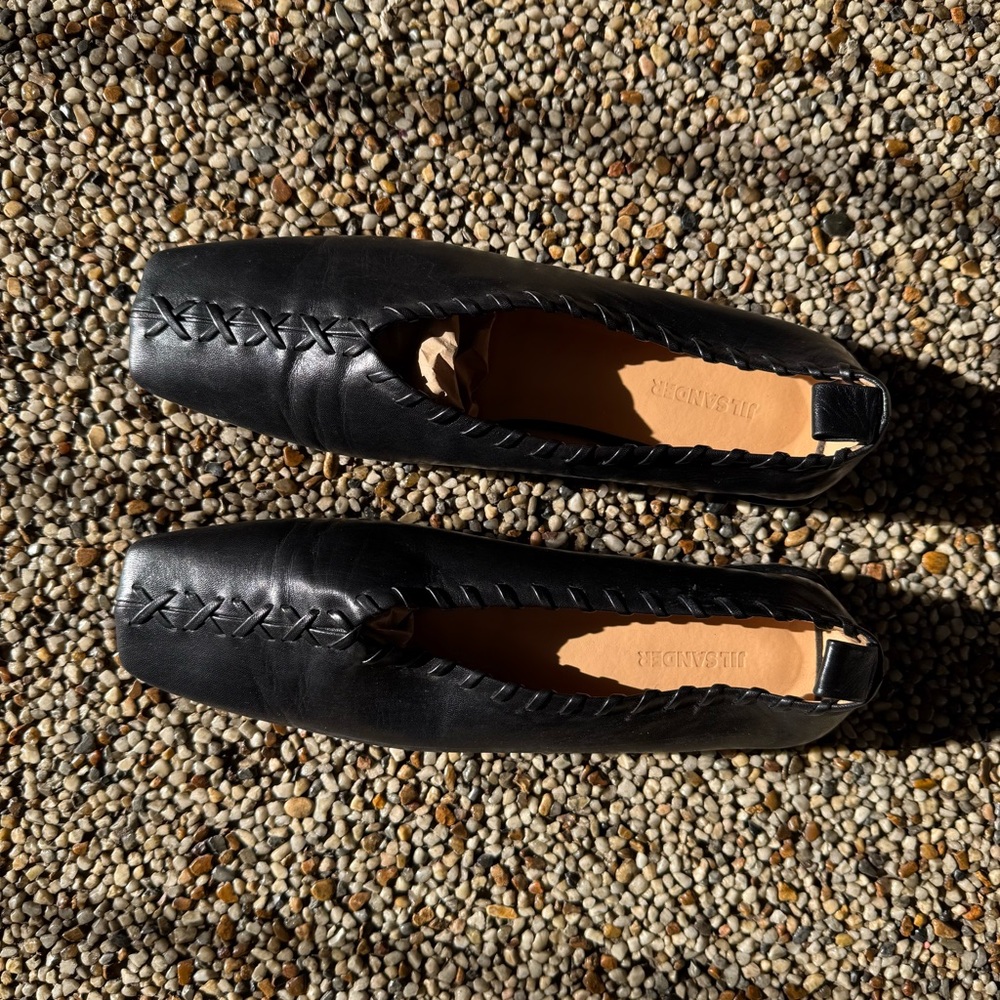 JIL SANDER Black Ring whipstitch-trimmed leather ballet flats Size 9 - Picture 10 of 11